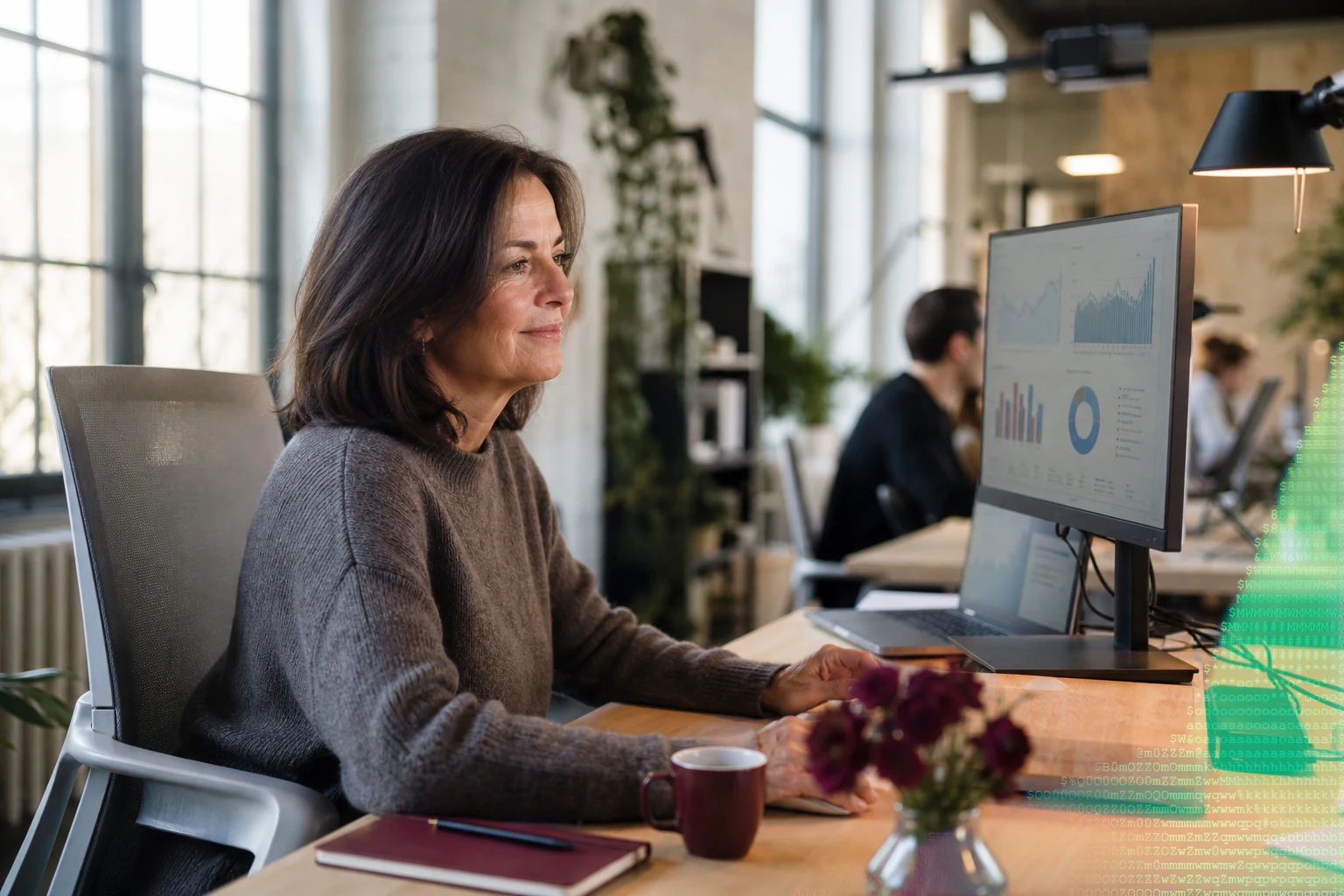 Dirigeante observant un dashboard de productivité en hausse