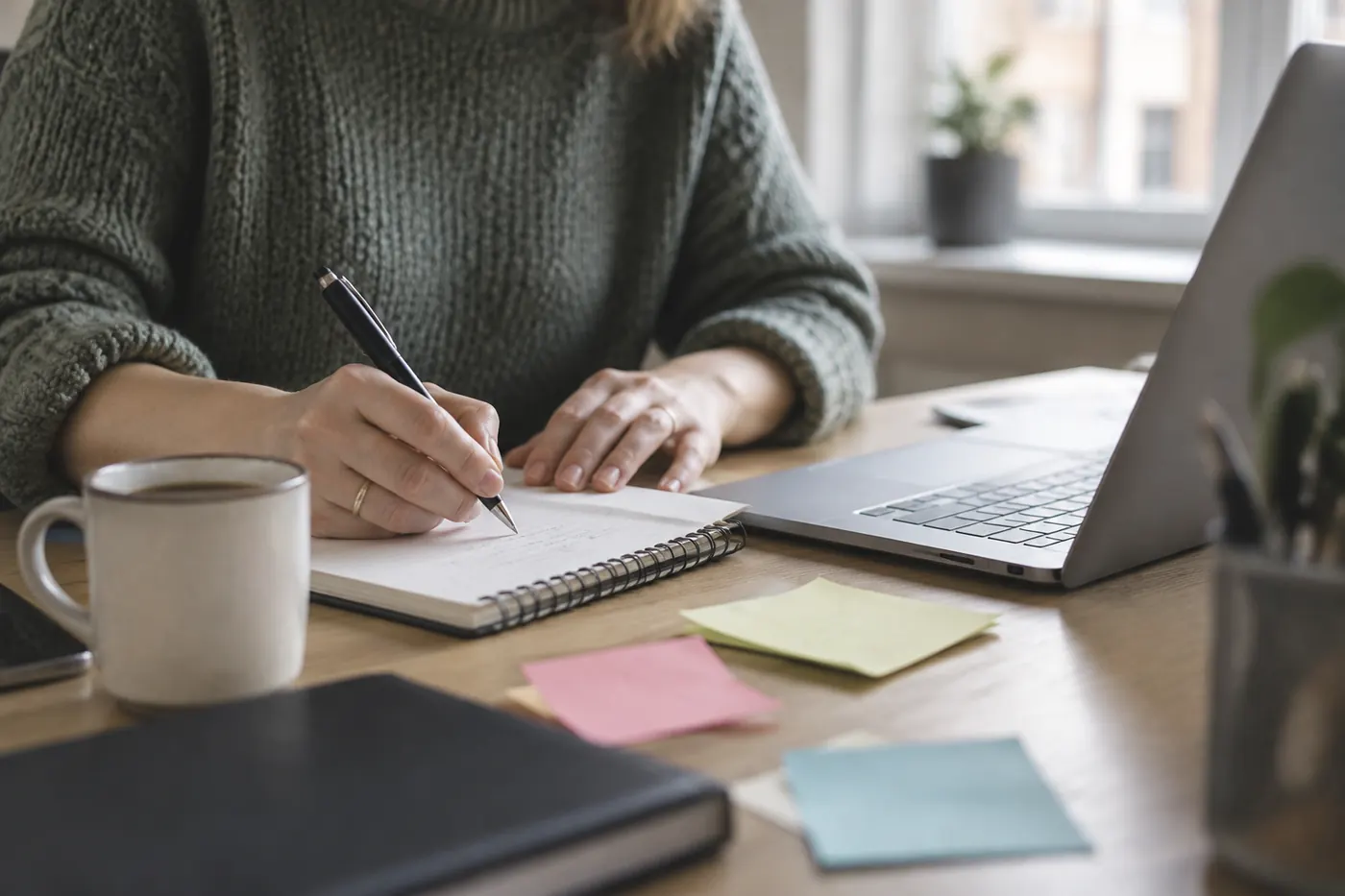 Prise de notes manuscrites à côté d’un ordinateur portable pendant un atelier.