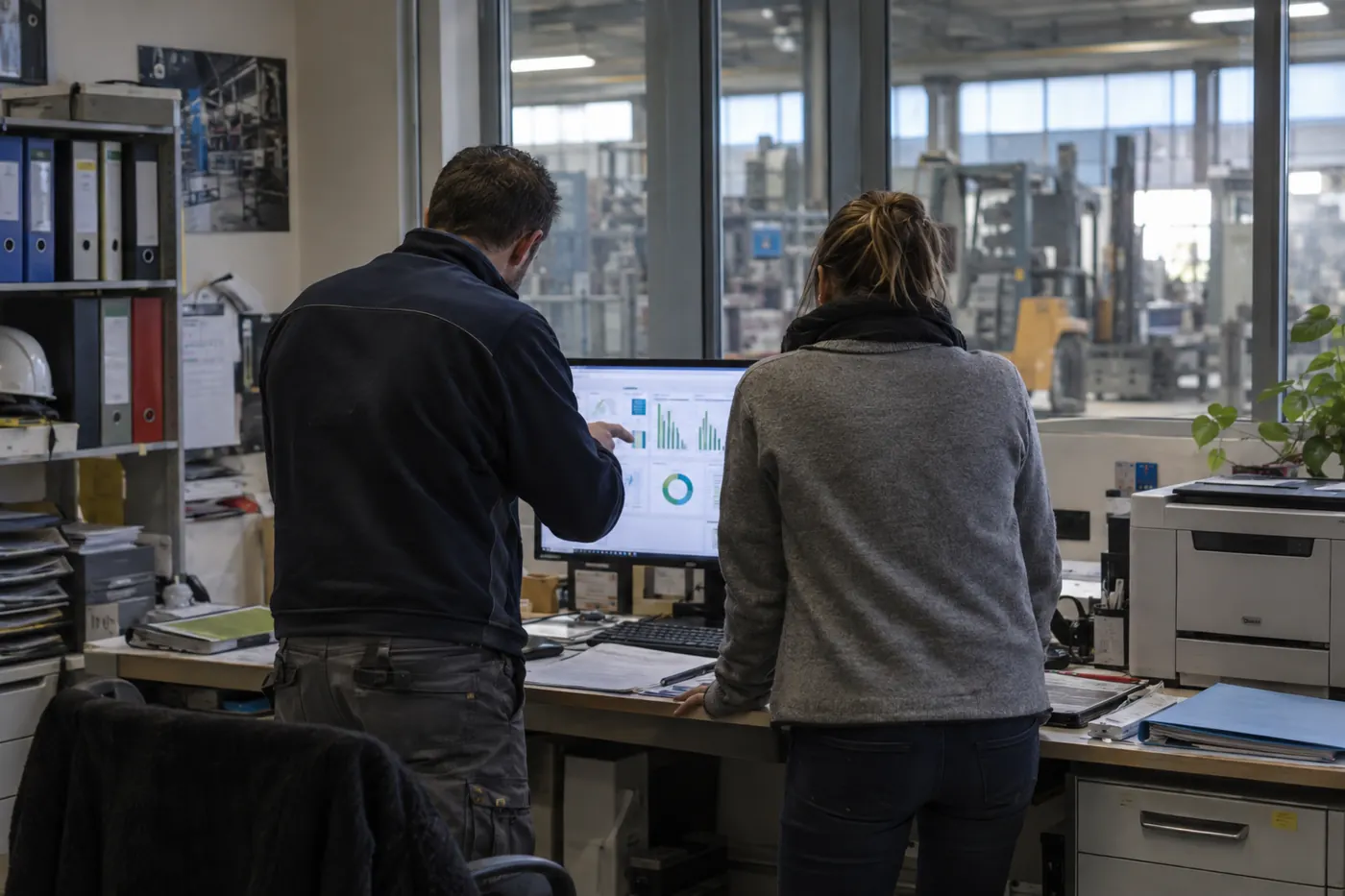 Deux collègues devant un écran dans un bureau d’atelier, ateliers visibles derrière la vitre.