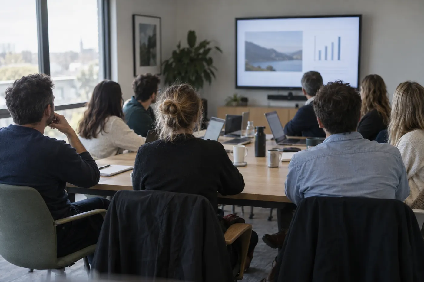 Équipe réunie en salle autour d’un écran pendant une session de travail.
